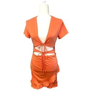 SheIn Cut Out Ruffle Ruched Short Sleeve Bodycon Tie Front Wrap Dress - Large